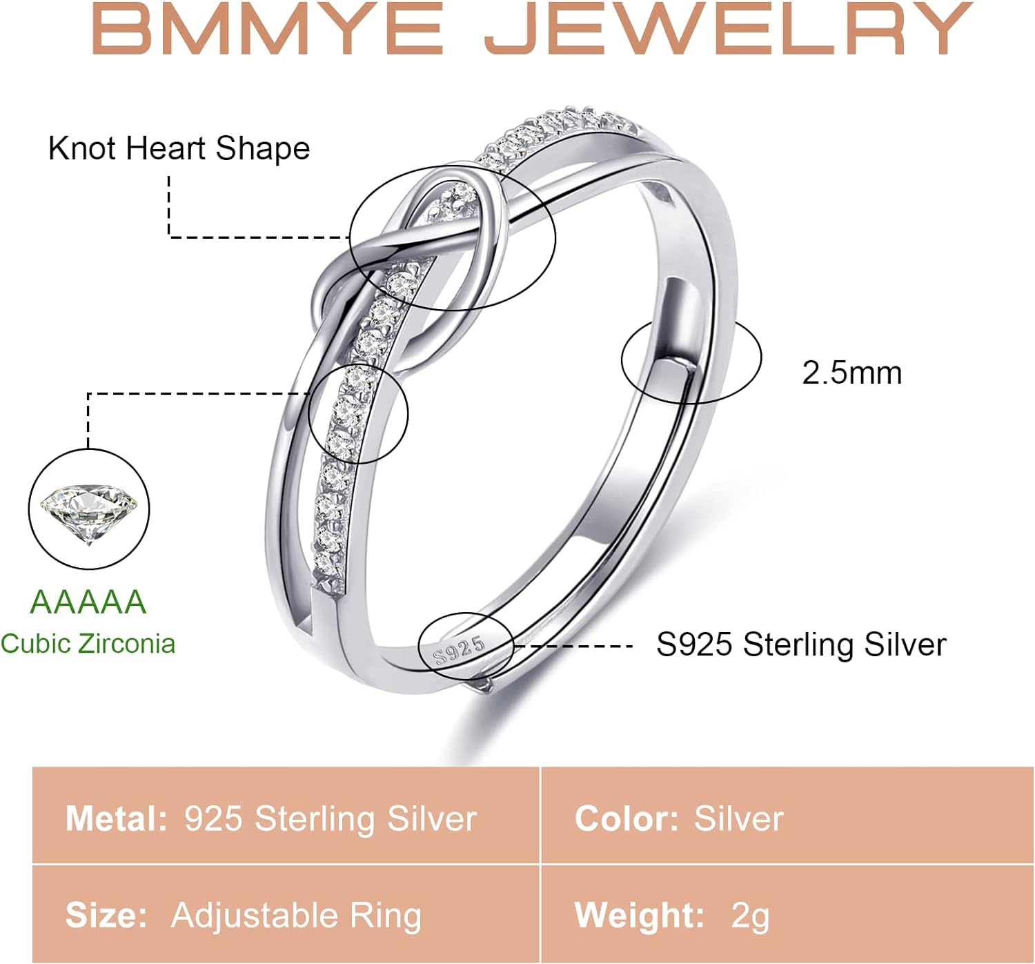 BMMYE 925 Sterling Silver Rings for Women Love Knot Rings Open Finger Rings Heart Rings with Cubic Zirconia Mothter Daughter Rings Jewelry Gifts Crossed Adjustable Rings for Women