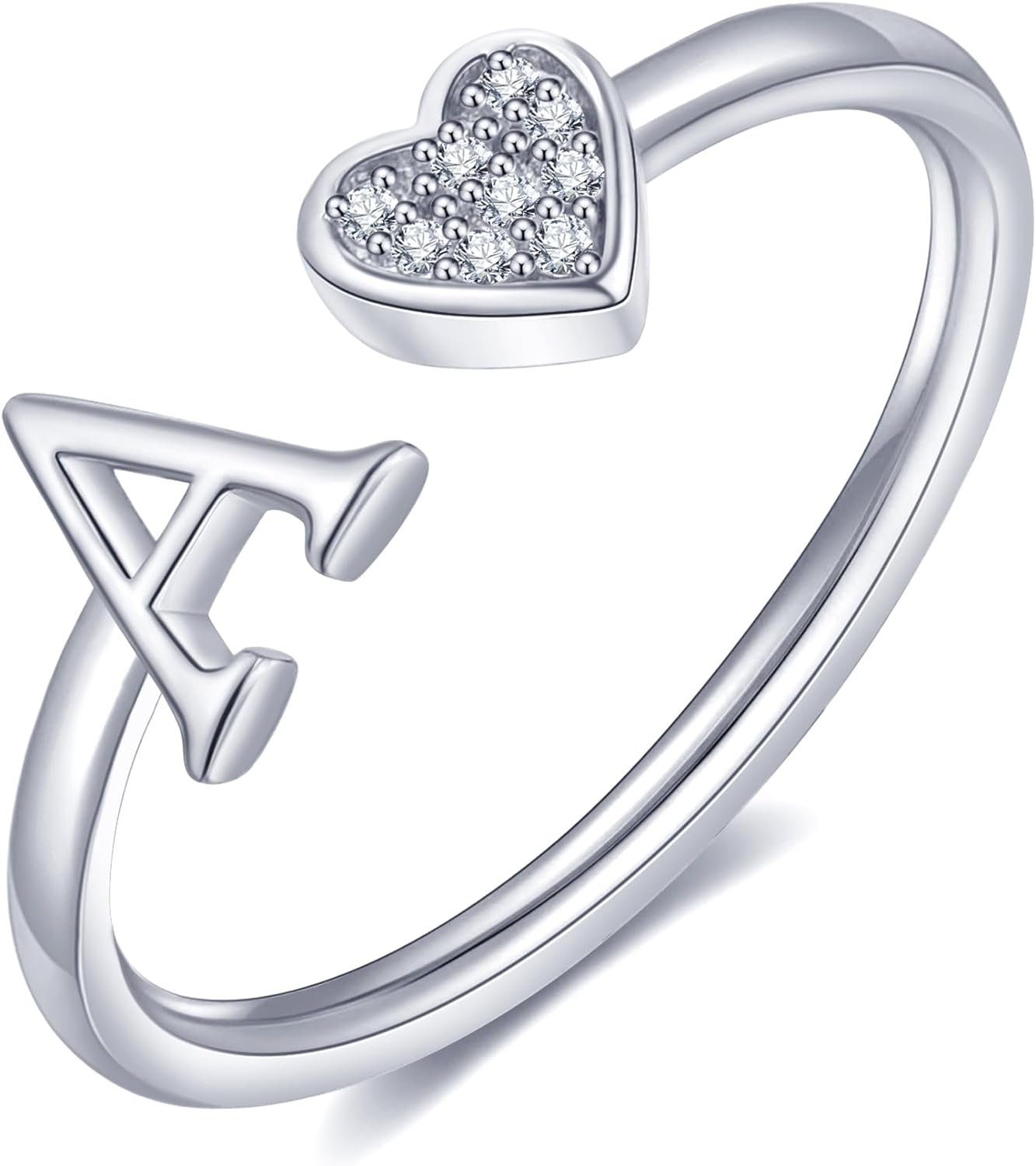 WFYOU Heart Initial Ring for Women Teen Girls Silver Rose Gold Plated Heart Capital Letter Initial Rings Stackable Rings for Women Girls Adjustable Heart Alphabet Letter Rings Jewelry Gifts for Women
